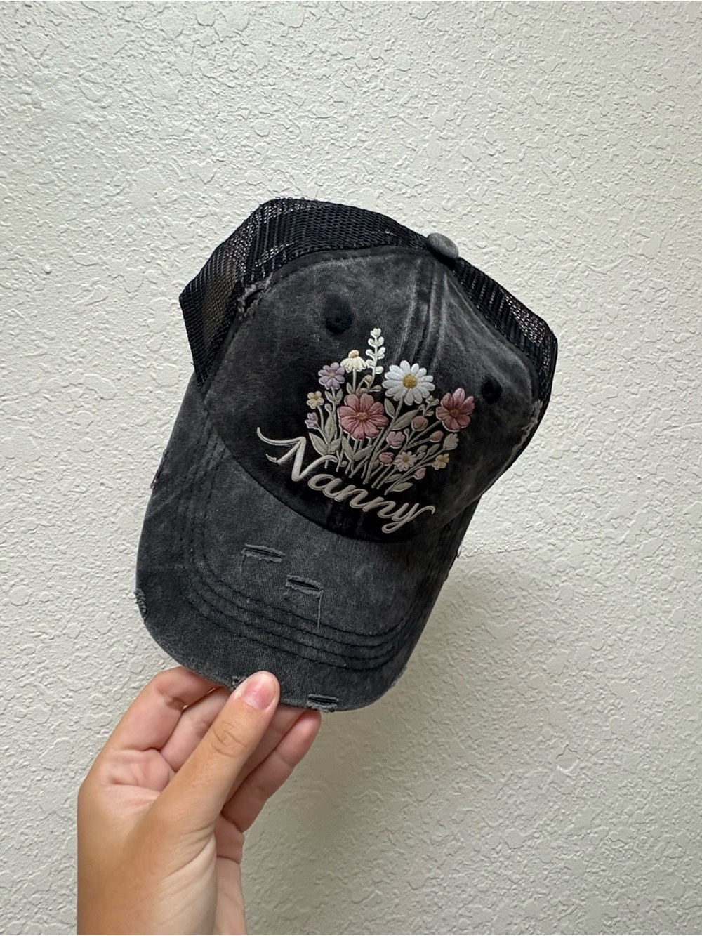 Custom name Embroidered "Nanny" Floral Trucker Hat - Black